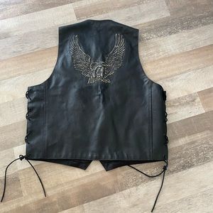 Genuine Leather Black Biker Vest With Eagle on Back Size 46